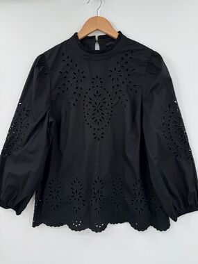 ✦ J.Crew Mockneck Cotton Poplin Embroidered Eyelet Top | Black | Medium